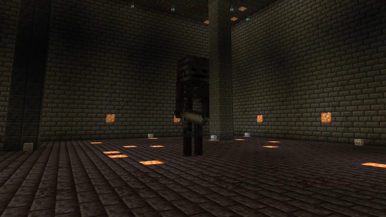 Der Wächter der Tiefe, ein riesiges Wither-Skelett, wartet im dunklen Boss-Raum der Festung